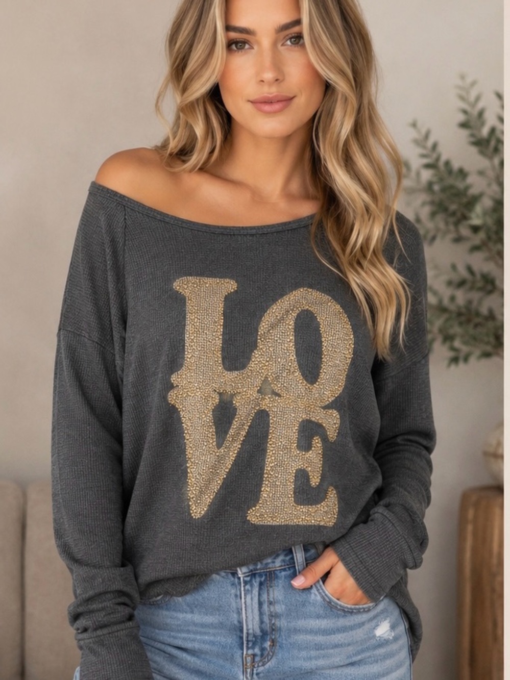 The Classic off the shoulder charcoal grey  LOVE tunic top with gold rhinestones